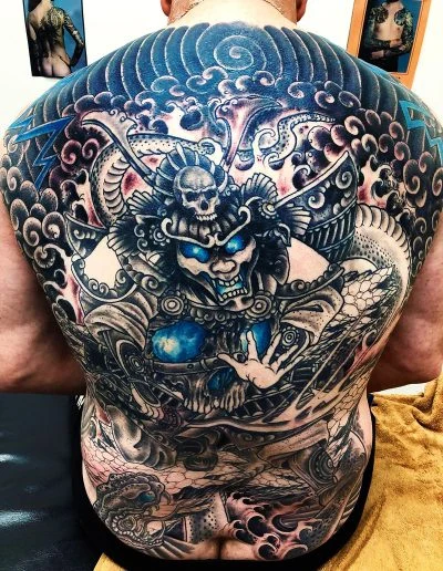 Large Japanese full-back tattoo piece, blue and black