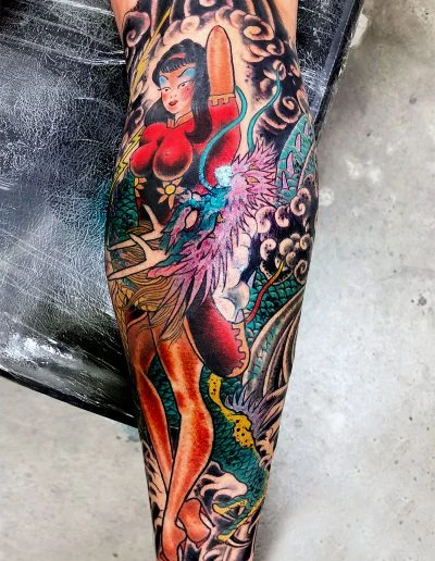 Colour geisha and phoenix full sleeve tattoo